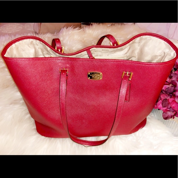 MICHAEL KORS Cherry Red Leather Tote Bag